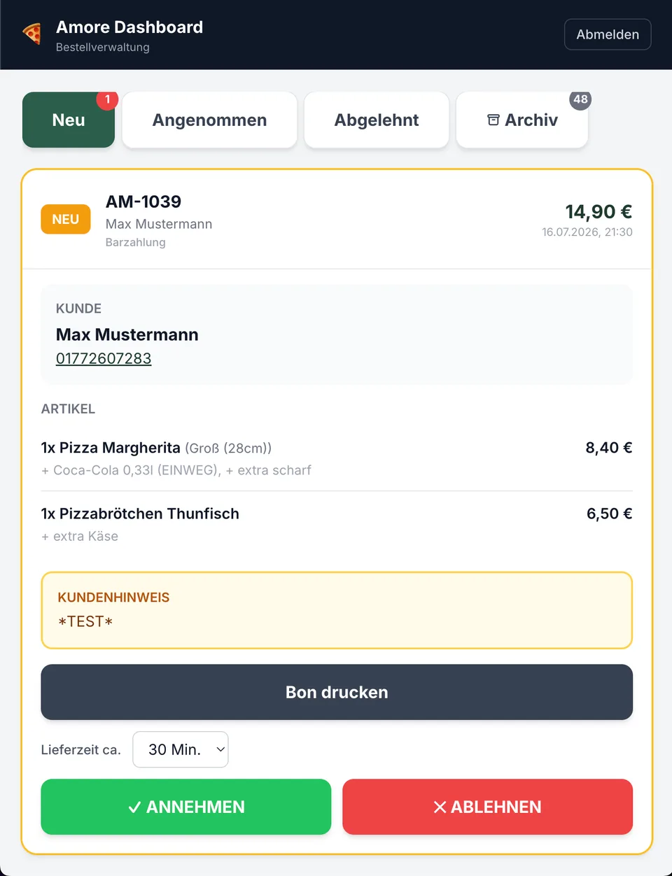 Amore Dashboard — Bestellverwaltung mit Annahme, Bon-Druck und Lieferzeit
