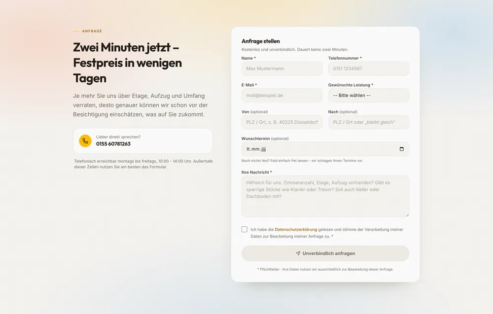 Anfrageformular der B-Logistics-Website mit Feldern für Leistung, Start- und Zieladresse, Wunschtermin und Umfang