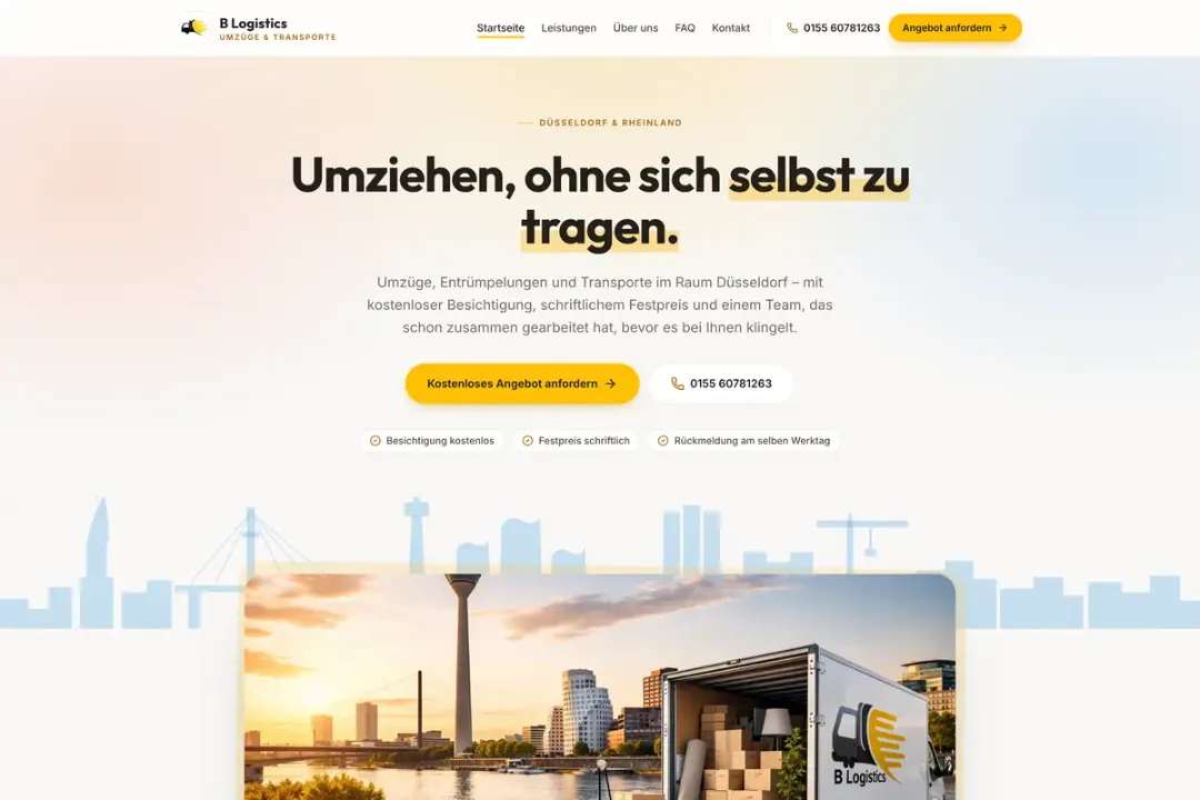 Startseite von B Logistics, Umzüge und Transporte in Düsseldorf – gestaltet von CODION