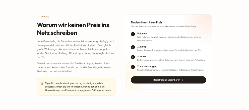Abschnitt der B-Logistics-Website, der begründet, warum kein Pauschalpreis online steht, mit den vier Faktoren Volumen, Zugang, Strecke und Zusatzleistungen