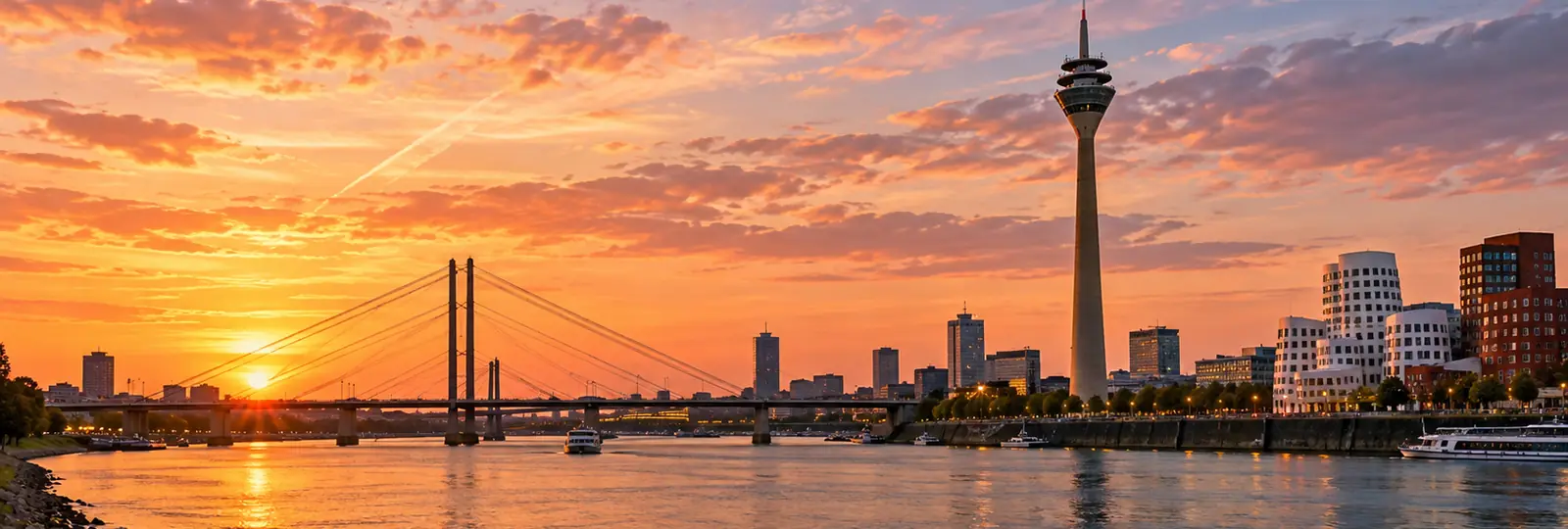 Düsseldorfer Rheinufer mit Rheinturm und Medienhafen