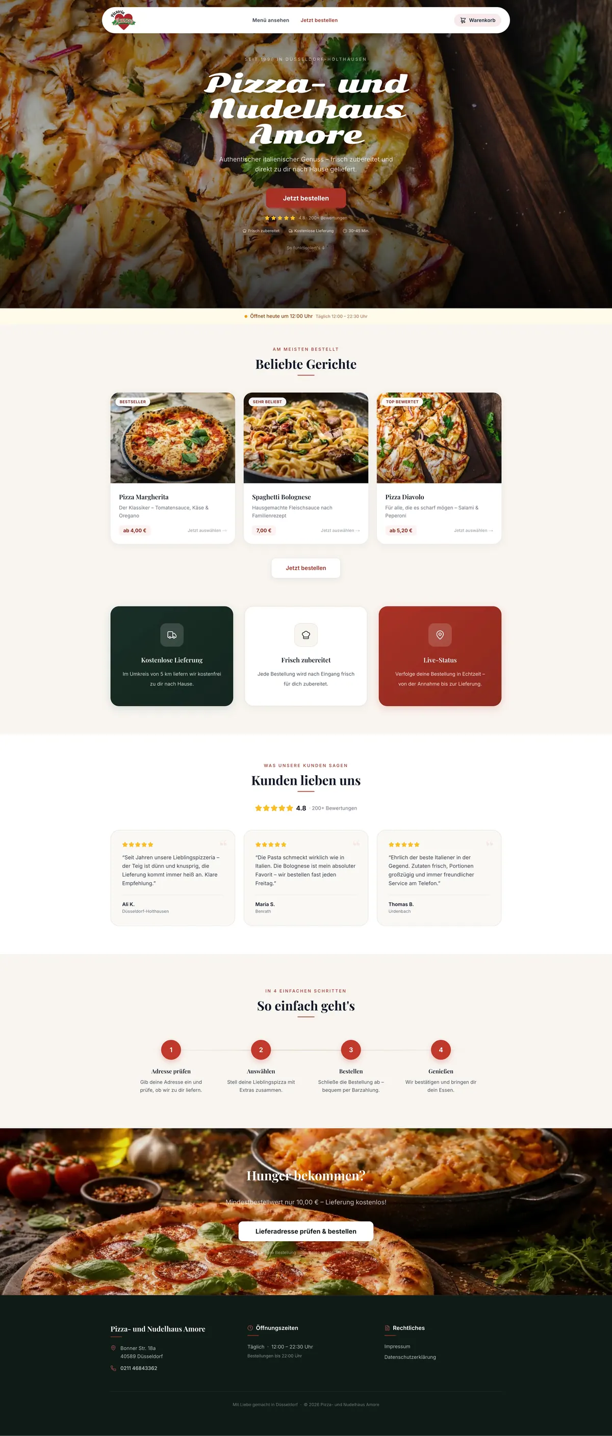 Pizza Amore Bestellplattform — Hauptseite mit Hero, beliebten Gerichten und Bestellfluss