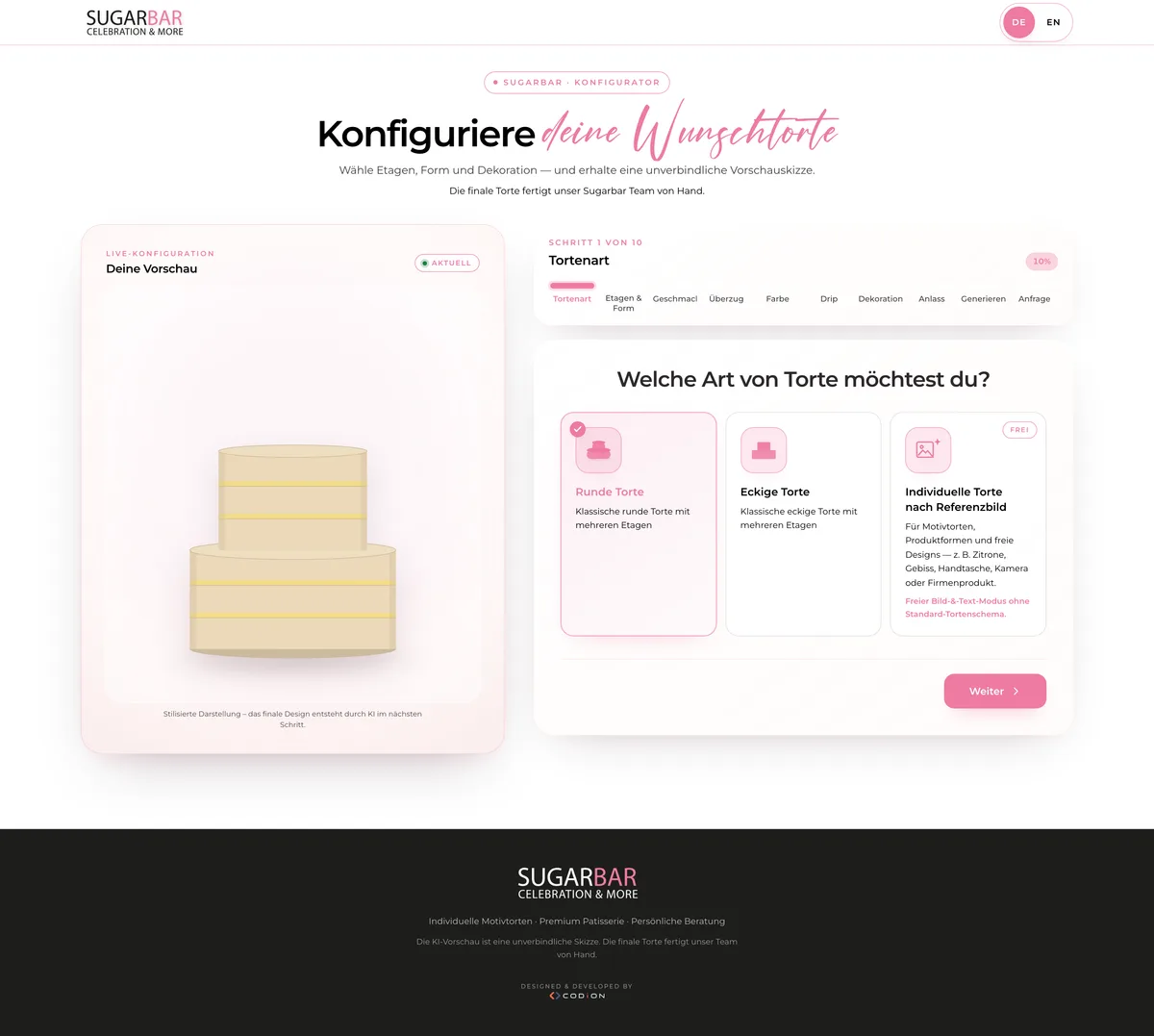 Torten-Konfigurator von Sugarbar – Schritt-für-Schritt-Gestaltung mit Live-Vorschau